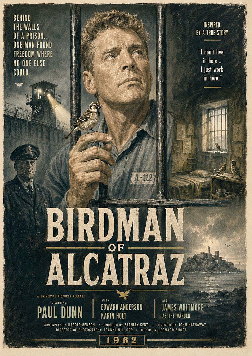 Vintage style movie poster for Birdman of Alcatraz featuring an inmate holding a bird behind prison bars